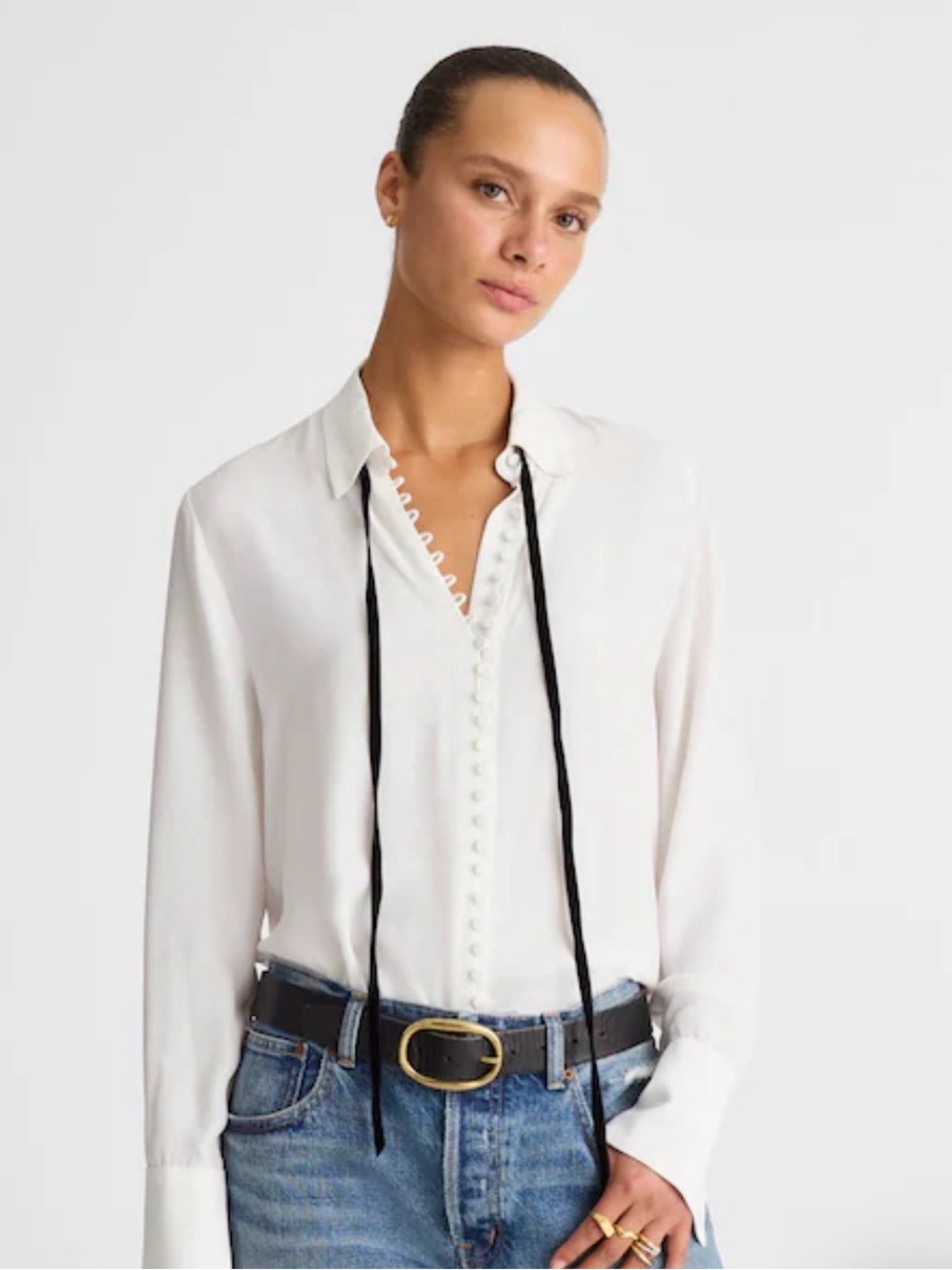 Madewell White Blouse with Black Velvet Neck Tie XL